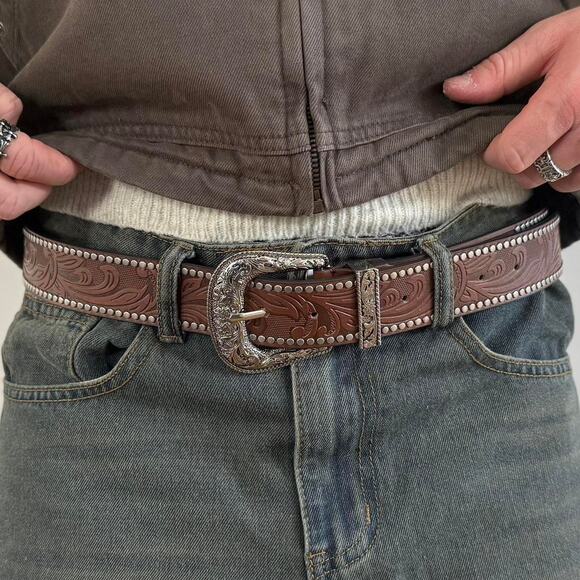 y2k western brown studded floral cowboy boho belt - Picture 6 of 11